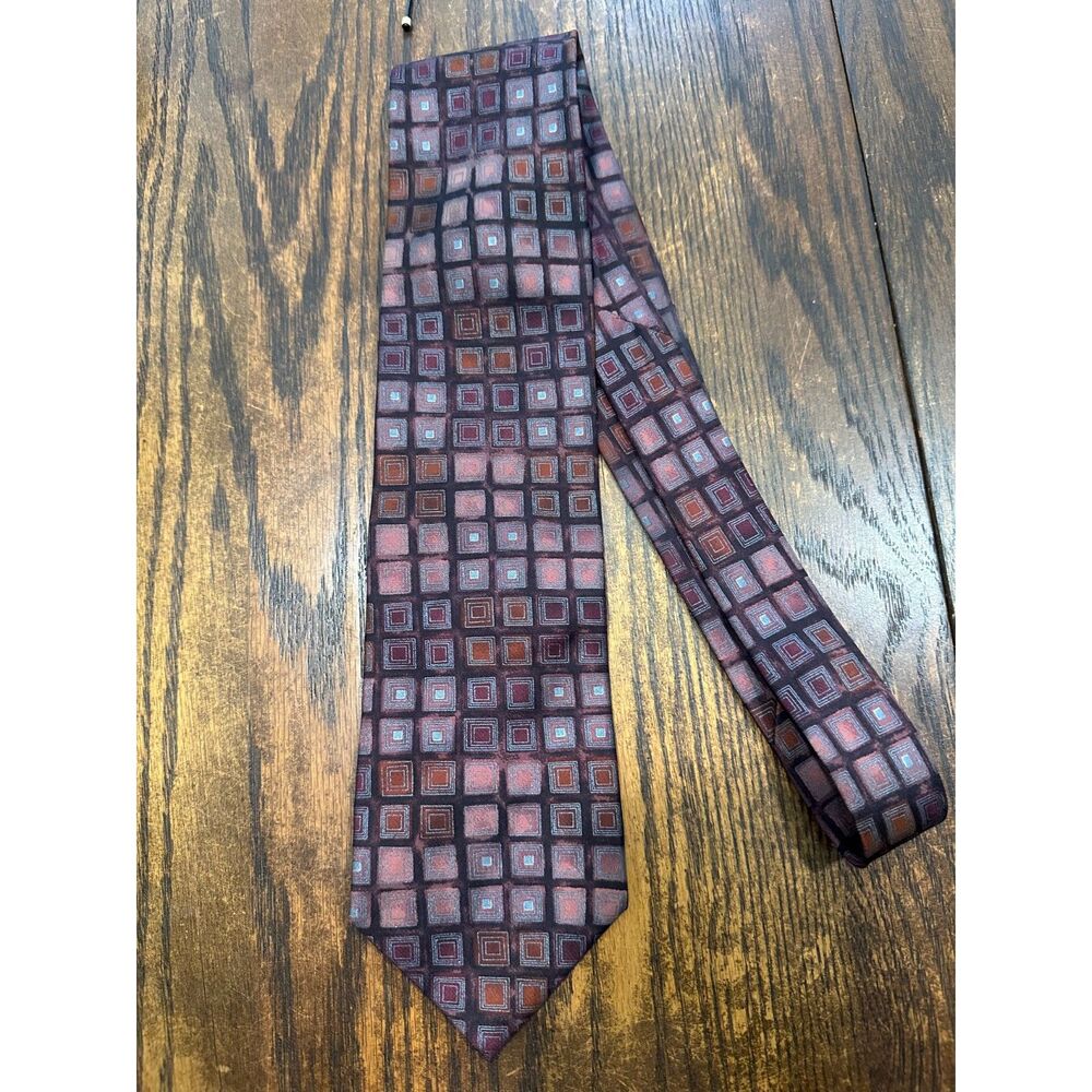 Ermenegildo Zegna Silk Tie — Made in Italy | Burgundy & Rust Square Geometric